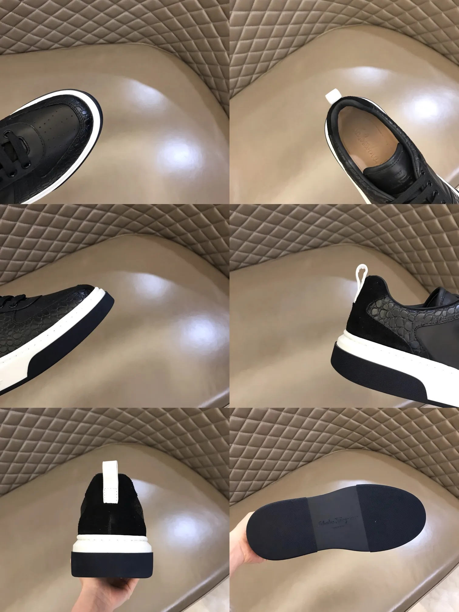 p420 "Salvatore Ferraga**" men's low-cut fashion sneakers. This casual shoe has a novel structure and is made of soft calfskin. The contrasting color elements on the upper highlight the bold and avant-garde atmosphere. The first-layer cowhide lining is high-end and comfortable. Energetic and fresh, these shoes can be worn with casual looks or add a touch of street style to elegant trousers.  Size: 38-44